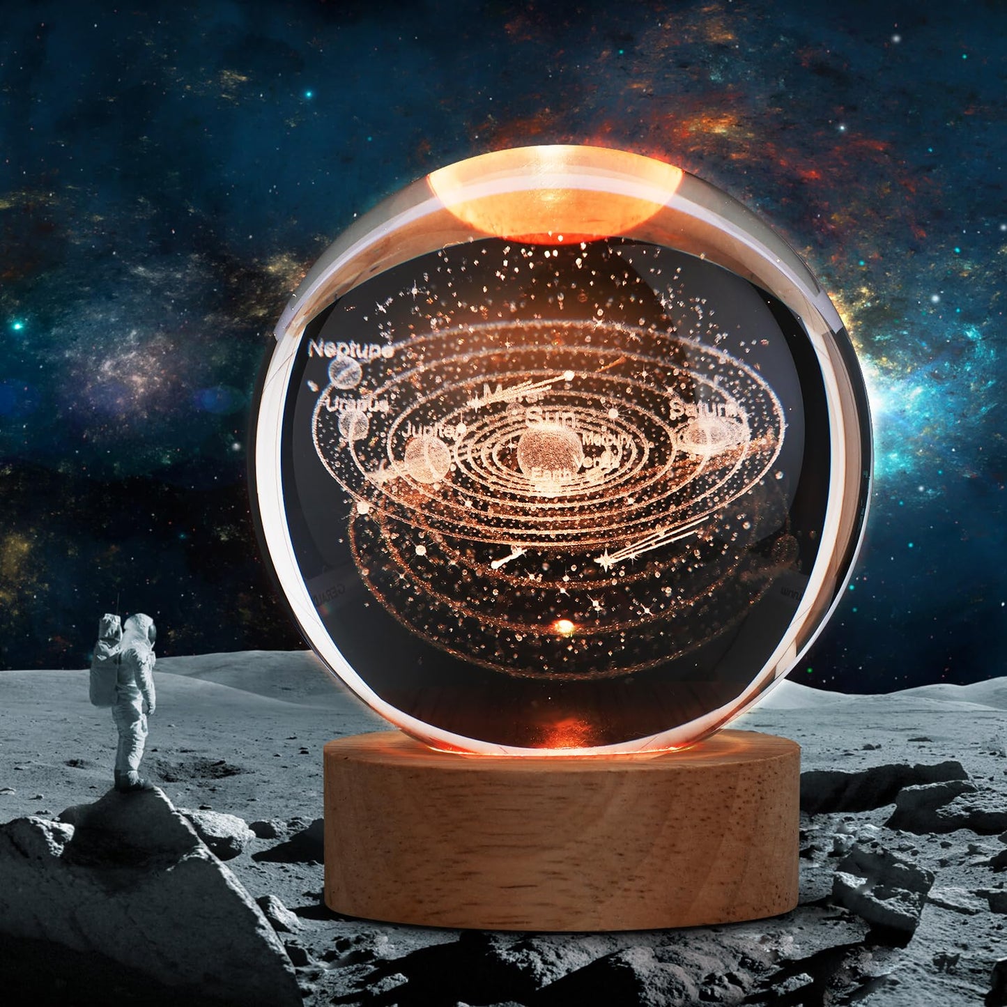 3D Laser Engraved Glass Crystal Ball Lamp Universe Astronomy Decor (Solar System)