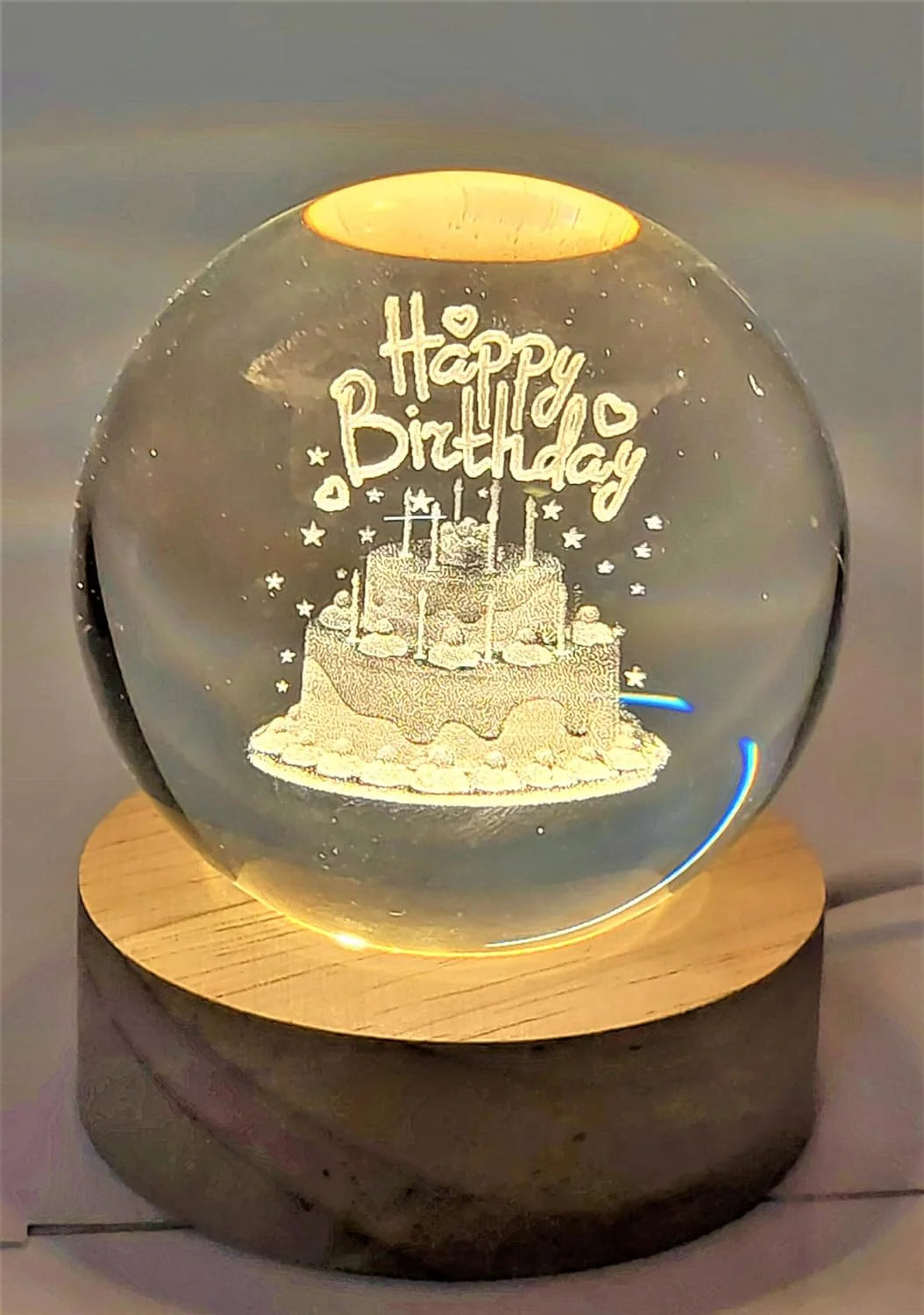 3D Laser Engraved 8cm Glass Crystal Ball Lamp (Happy Birthday)