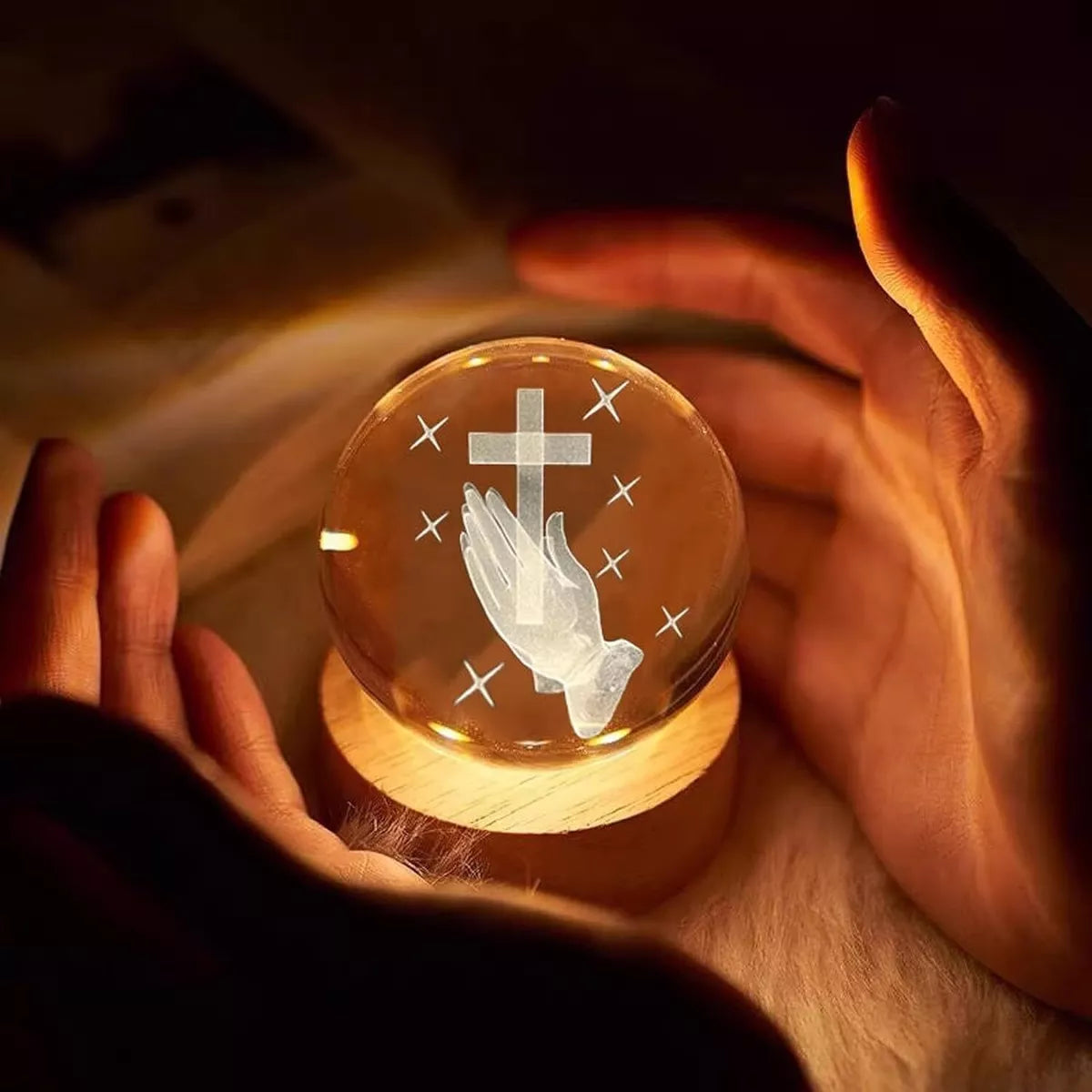 3D Laser Engraved 8cm Glass Crystal Ball Lamp (Christian Prayer Cross)