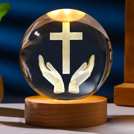 3D Laser Engraved 8cm Glass K9 Crystal Ball Lamp (Christian Prayer Cross)