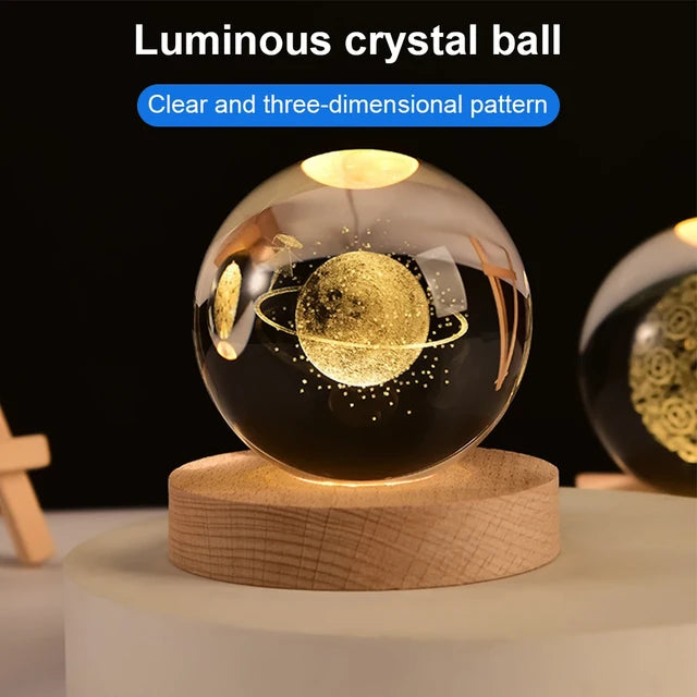 3D Laser Engraved Glass Crystal Ball Lamp Universe Astronomy Decor (Lady on Neptune Rings)