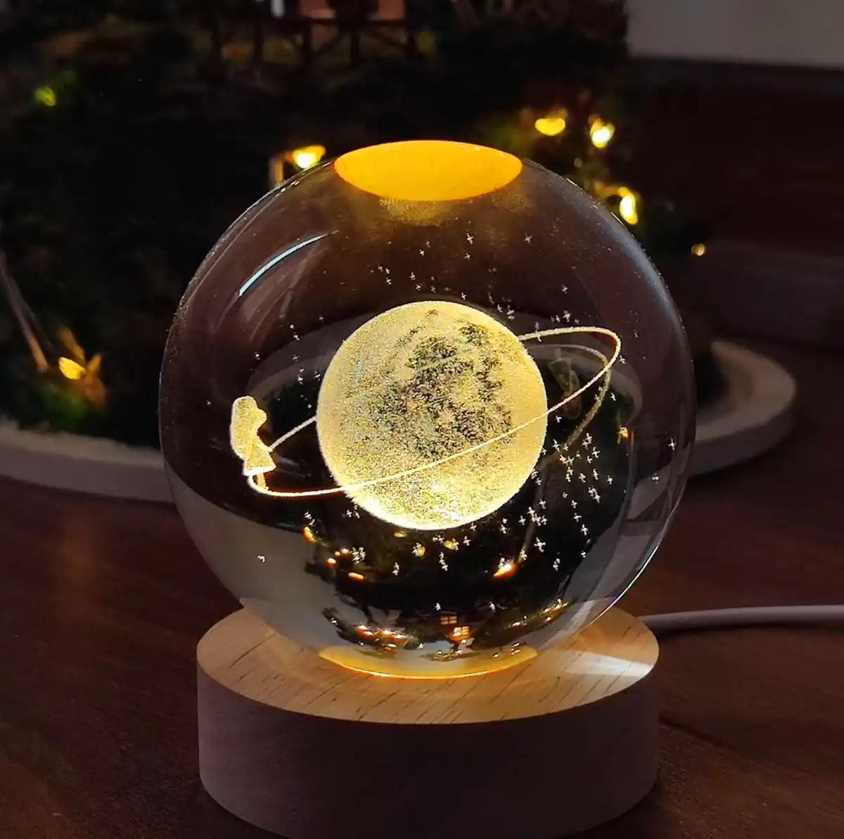 3D Laser Engraved Glass Crystal Ball Lamp Universe Astronomy Decor (Lady on Neptune Rings)