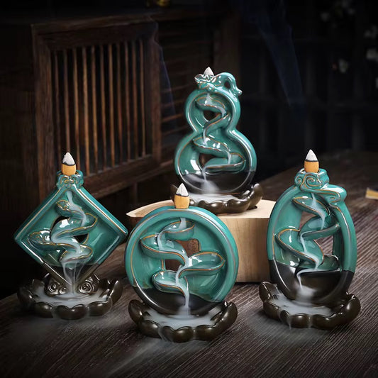 Ceramic Zen Style Chinese Back-Flow Incense Holder + 10 Free Incense Cones