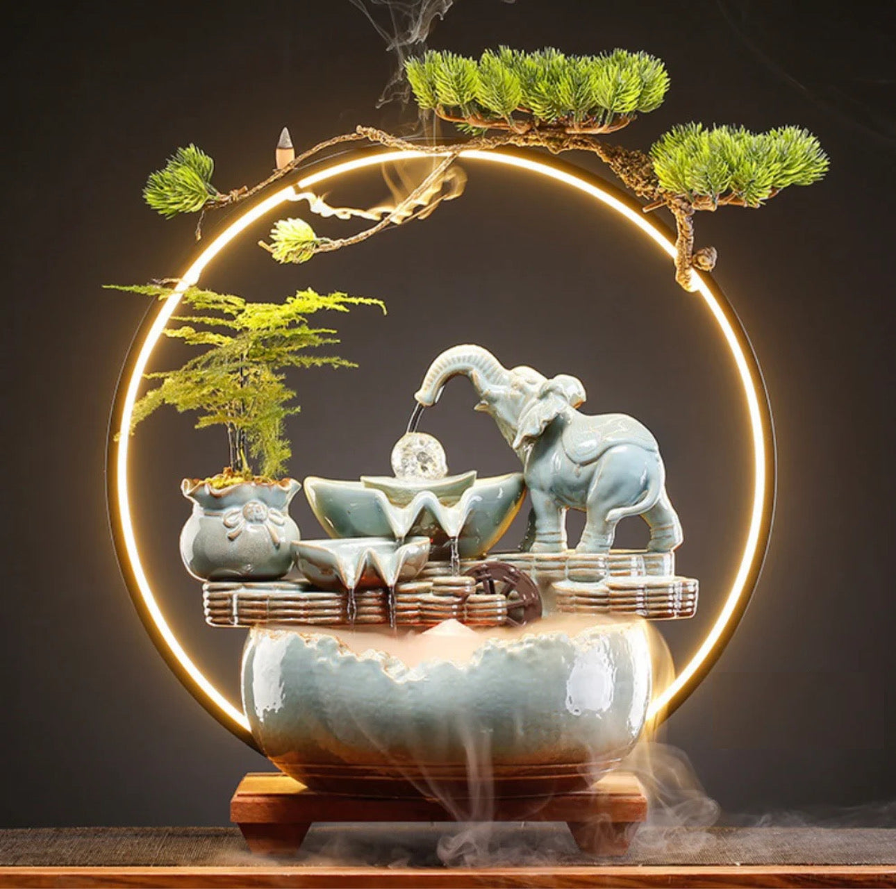 Ceramic Feng Shui Elephant Crystal Ball Back-Flow Incense Holder & Waterfall Mist Maker with Ring Light Ornamental Set