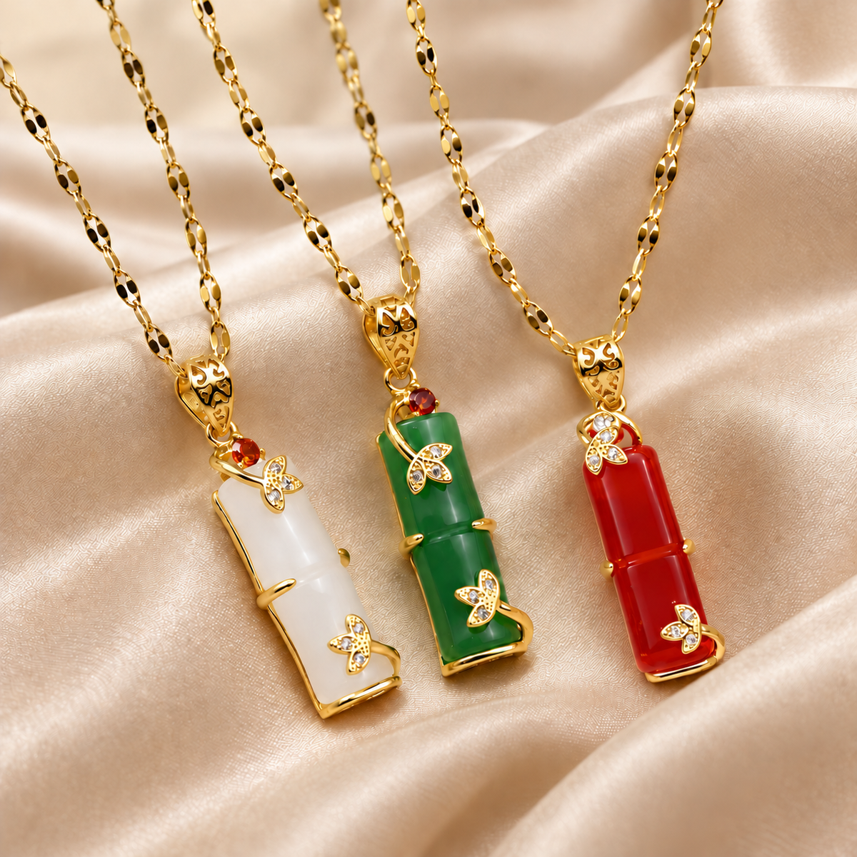 Stainless Steel Chinese Lucky Bamboo Jade & Ruby Necklace