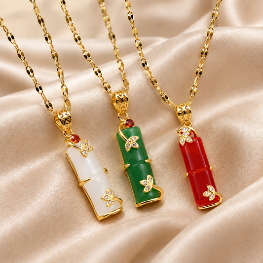 Stainless Steel Chinese Lucky Bamboo Jade & Ruby Necklace