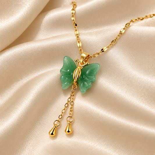 Stainless Steel Lucky Butterfly Jade Necklace