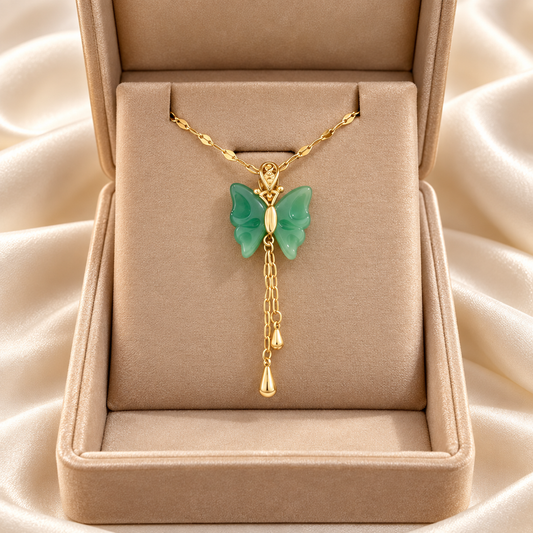 Stainless Steel Lucky Butterfly Jade Necklace