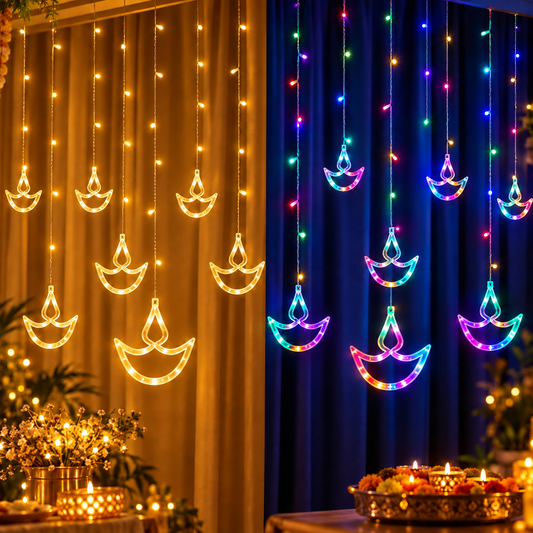 Decorative LED Curtain String Lights – Diya Design | RGB & Warm Yellow