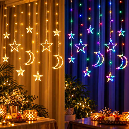 Decorative LED Curtain String Lights – Moon & Stars Design | RGB & Warm Yellow