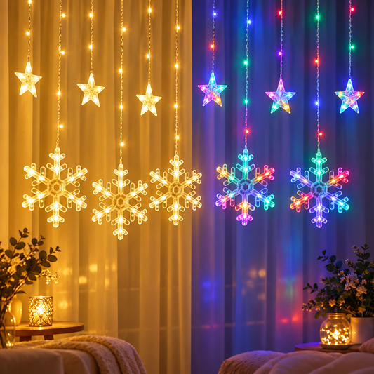 Decorative LED Curtain String Lights – Snowflake & Stars Design | RGB & Warm Yellow