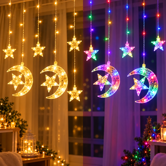 Decorative LED Curtain String Lights – Moon & Star Combined Design | RGB & Warm Yellow