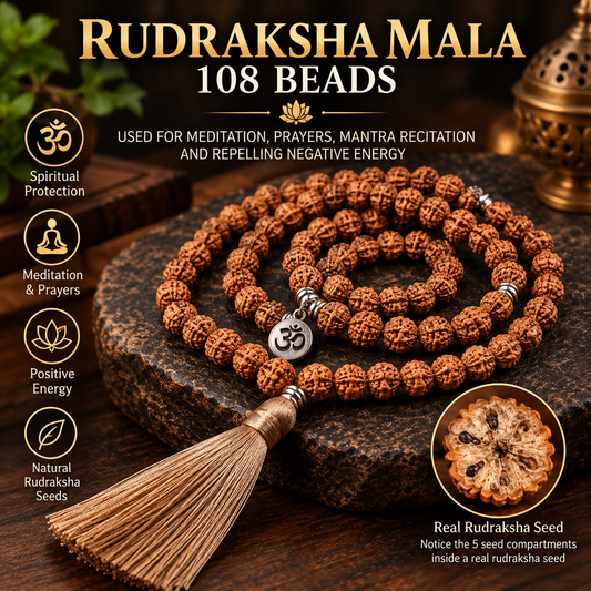 108 Beads Rudraksha Mala Prayer Necklace - OM Charm