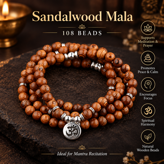 Multilayer Wooden 108 Bead Prayer Mala Necklace + OM Charm (8mm)