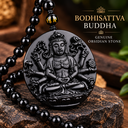 Avalokiteshvara Bodhisattva Buddha Carved Obsidian Stone Adjustable Necklace