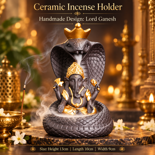 Ceramic Lord Ganesh on Cobra Snake Back Flow Incense Holder + 10 Free Incense Cones