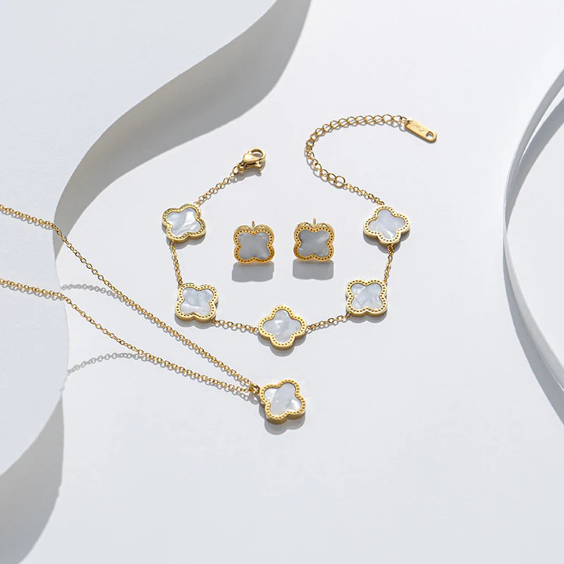 High Quality Stainless Steel Van Cleef Inspired Clover 3pc Set (Pearl White)