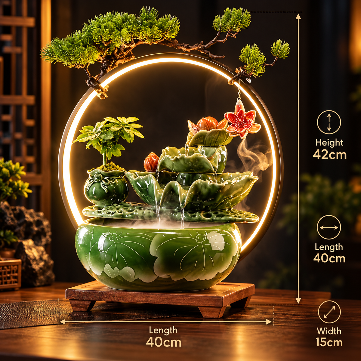 Ceramic Feng Shui Green Lotus Back-Flow Incense Holder & Waterfall Mist Maker with Ring Light Ornamental Set