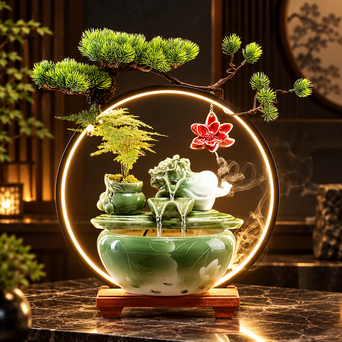 Ceramic Chinese Wealth Bok choy Back-Flow Incense Holder & Waterfall Mist Maker with Ring Light Ornamental Set