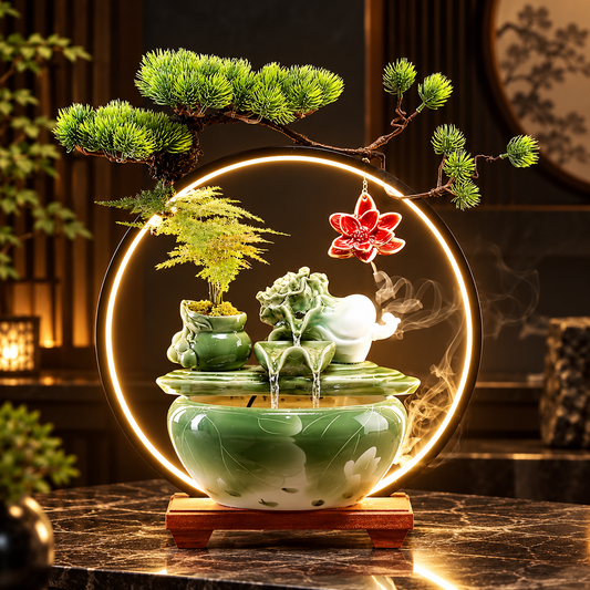 Ceramic Chinese Wealth Bok choy Back-Flow Incense Holder & Waterfall Mist Maker with Ring Light Ornamental Set