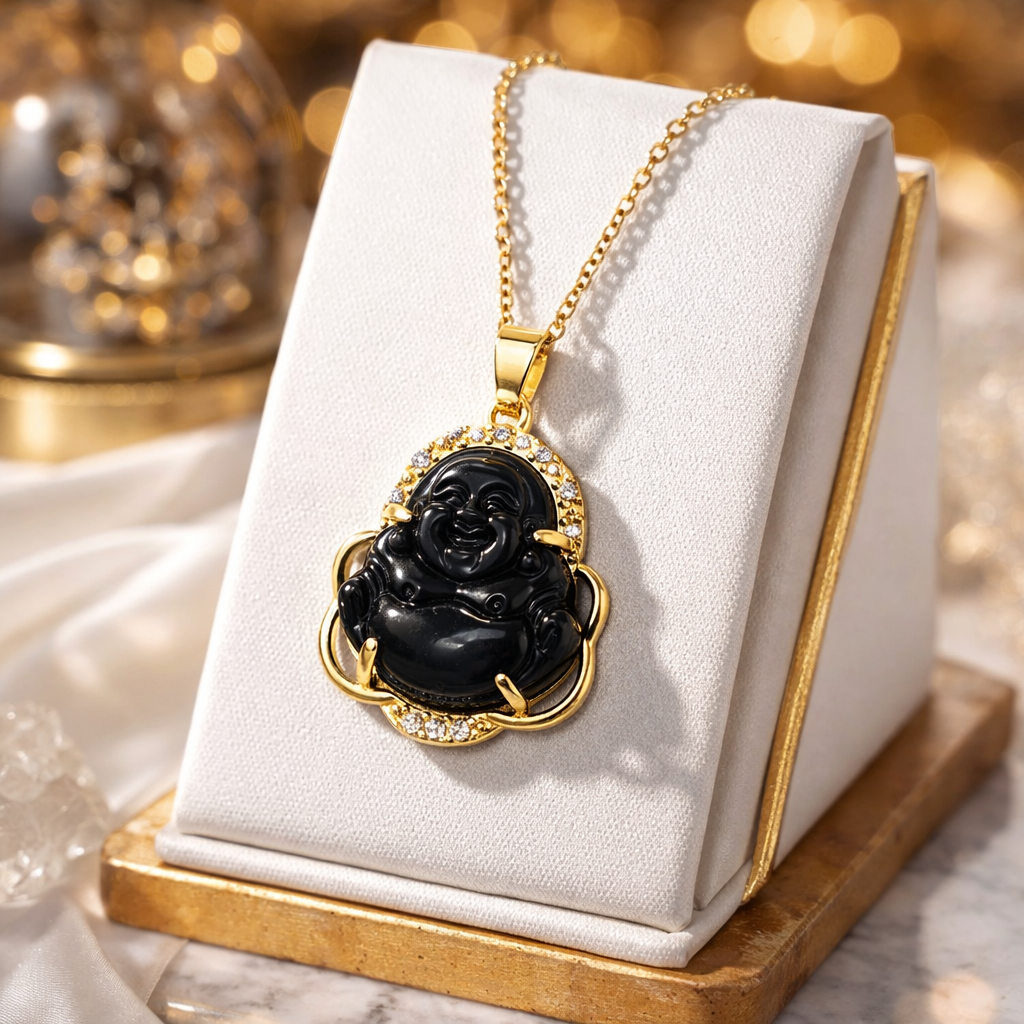 Laughing Obsidian Buddha Necklace