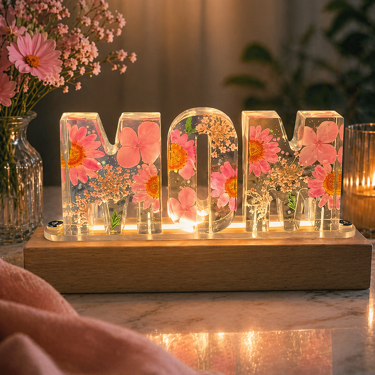 Eternal Chrysanthemum Flower Mother’s Love USB Lamp with LED Wooden Light Base