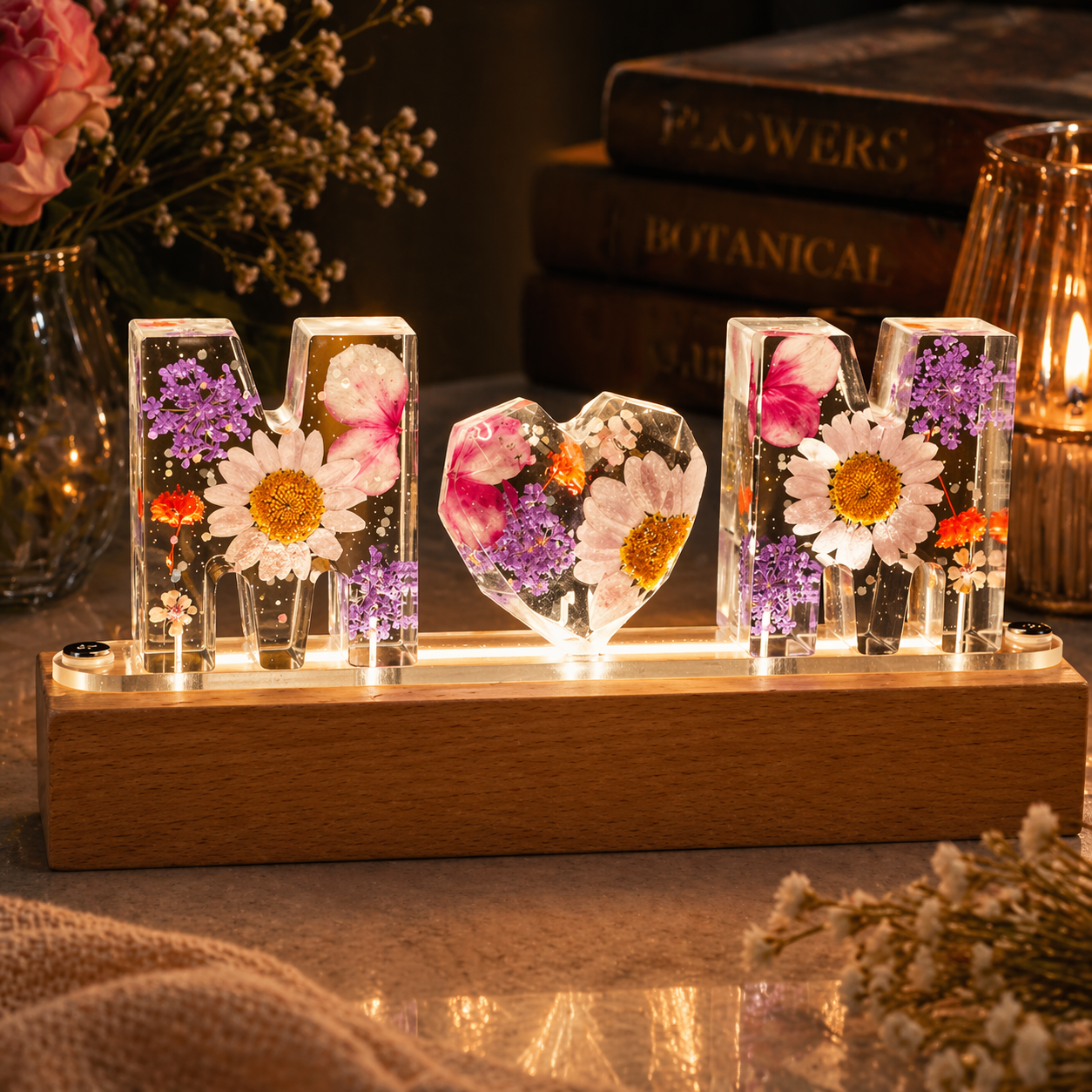 Eternal Chrysanthemum Flower Mother’s Love USB Lamp with LED Wooden Light Base