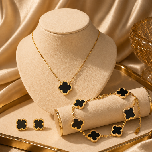 High Quality Stainless Steel Van Cleef Inspired Clover 3pc Set (Black)