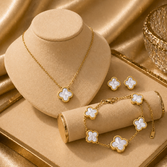 High Quality Stainless Steel Van Cleef Inspired Clover 3pc Set (Pearl White)