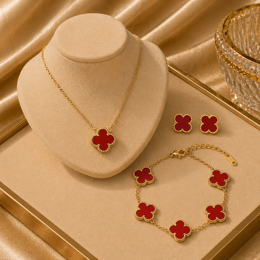High Quality Stainless Steel Van Cleef Inspired Clover 3pc Set (Red)
