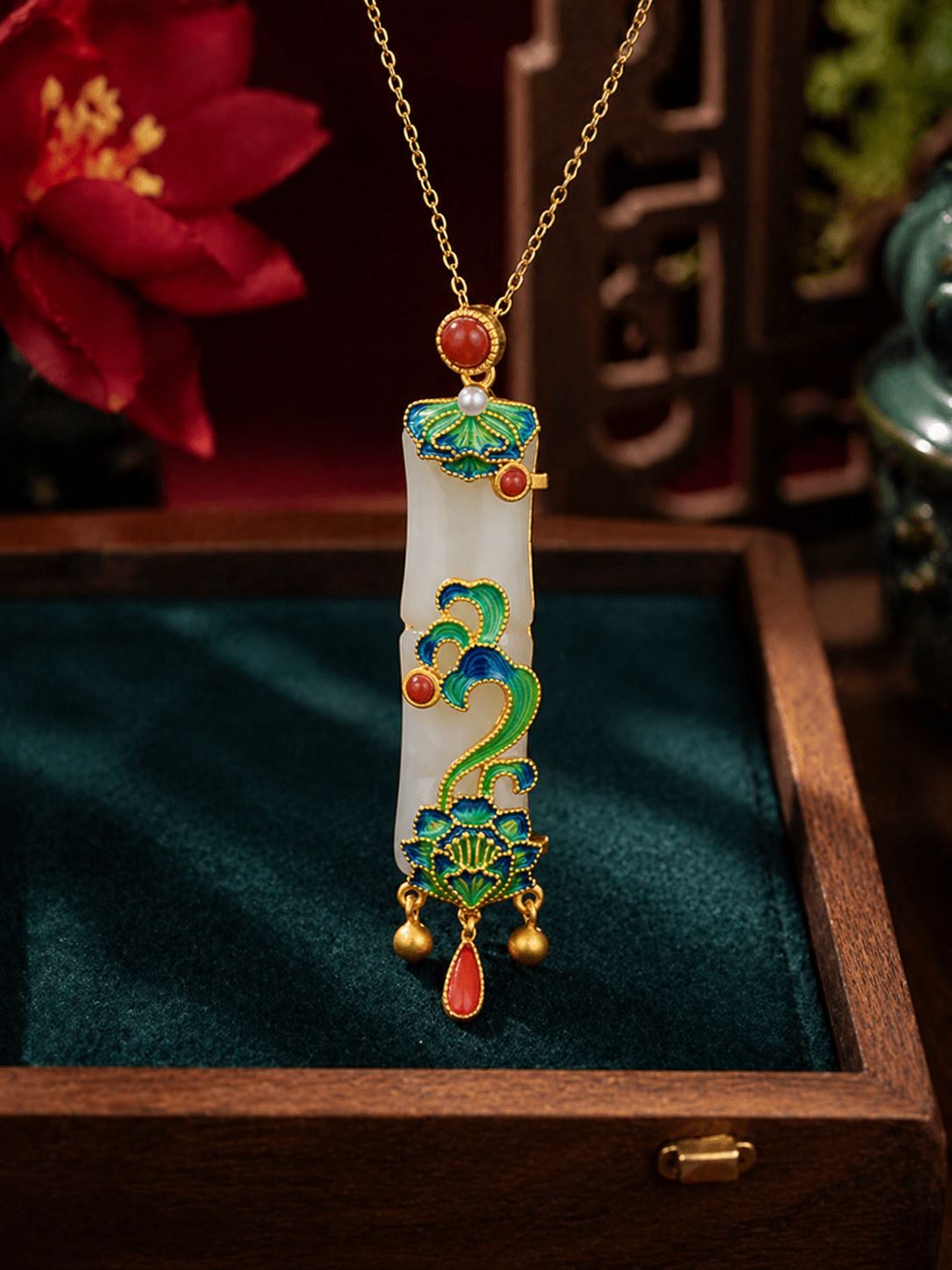 Stainless Steel White Jade Bamboo Necklace