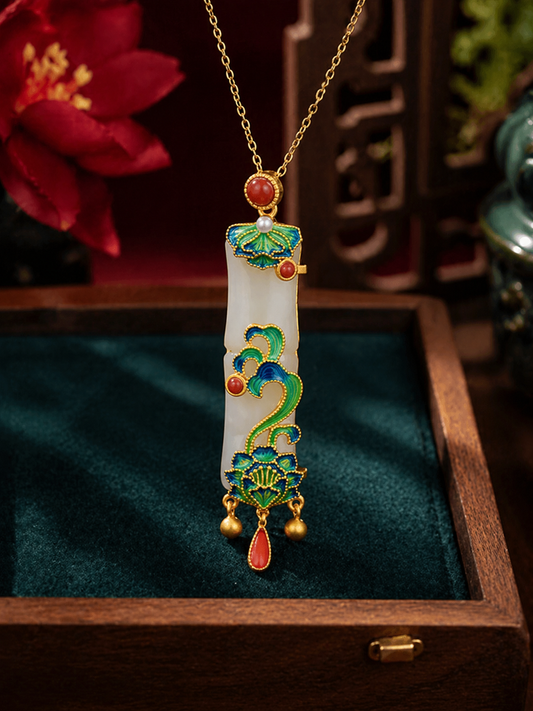 Stainless Steel White Jade Bamboo Necklace
