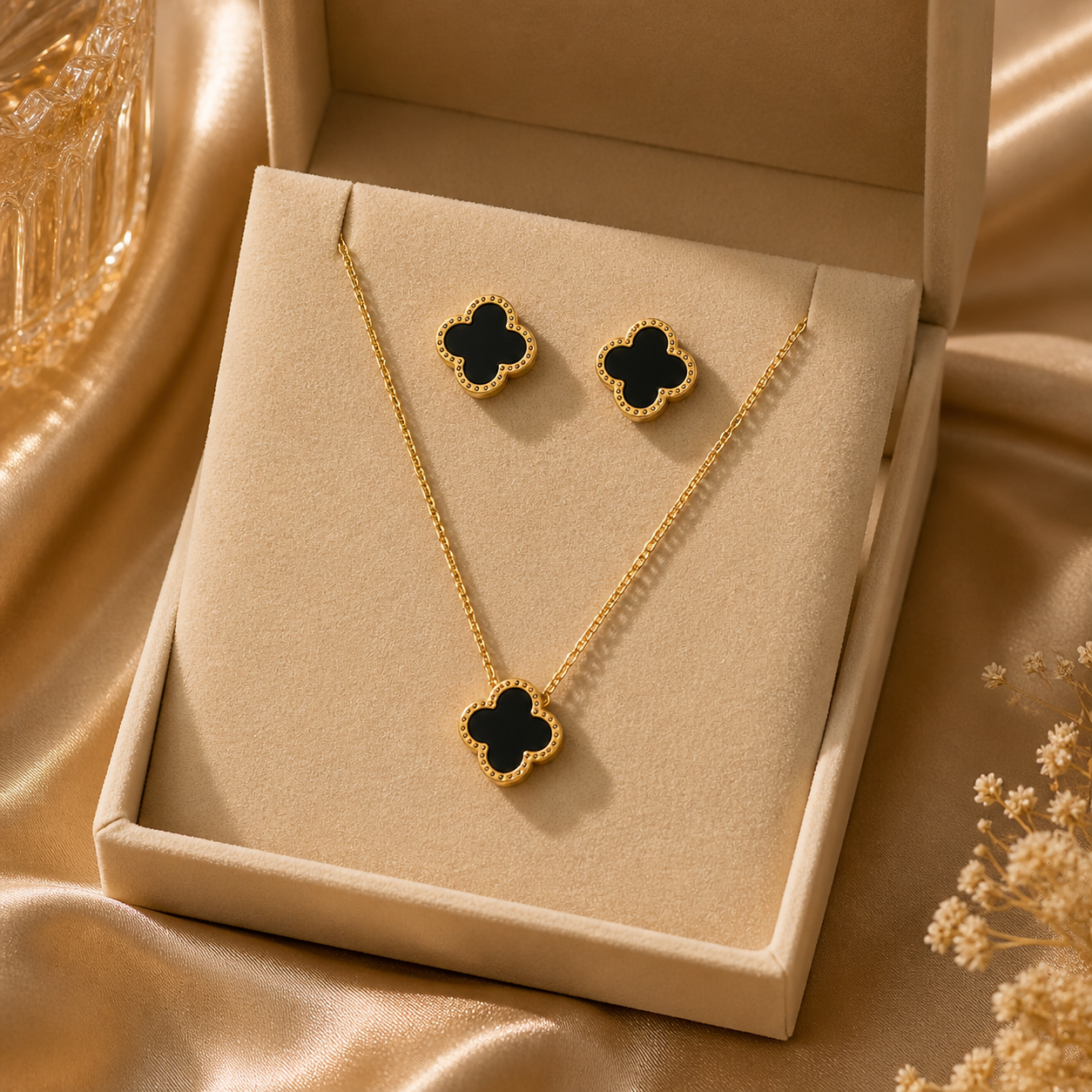 High Quality Stainless Steel Van Cleef Inspired Clover 3pc Set (Black)