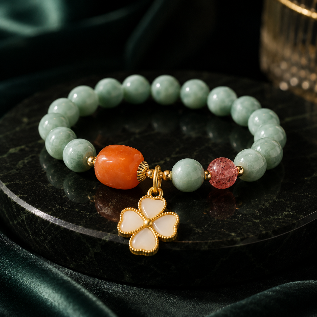 Jade Four Leaf Clover Prosperity Charm Bracelet  (8mm)