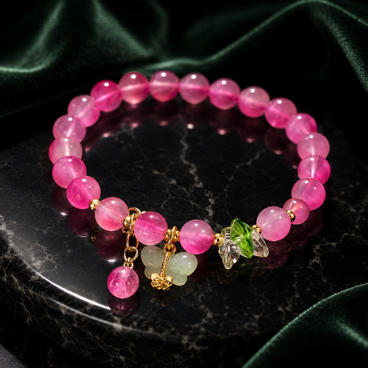 Pink Cherry Crystal Butterfly Jade Charm Bracelet (8mm)